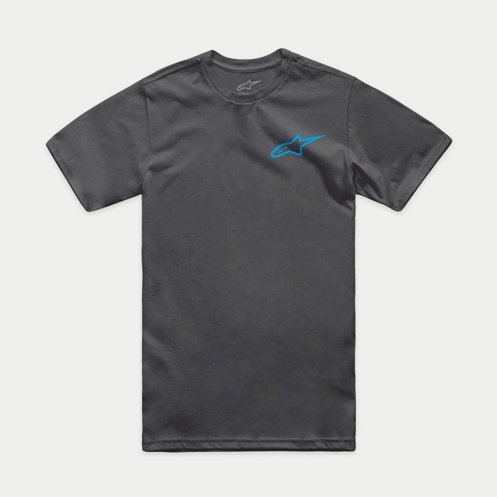 Alpinestars Horizon CSF Tee, koszulka z krótkim rękawem, grafitowa z niebieskim logo Alpinestars Ageless, codzienna odzież sportowa w stylu motorsport