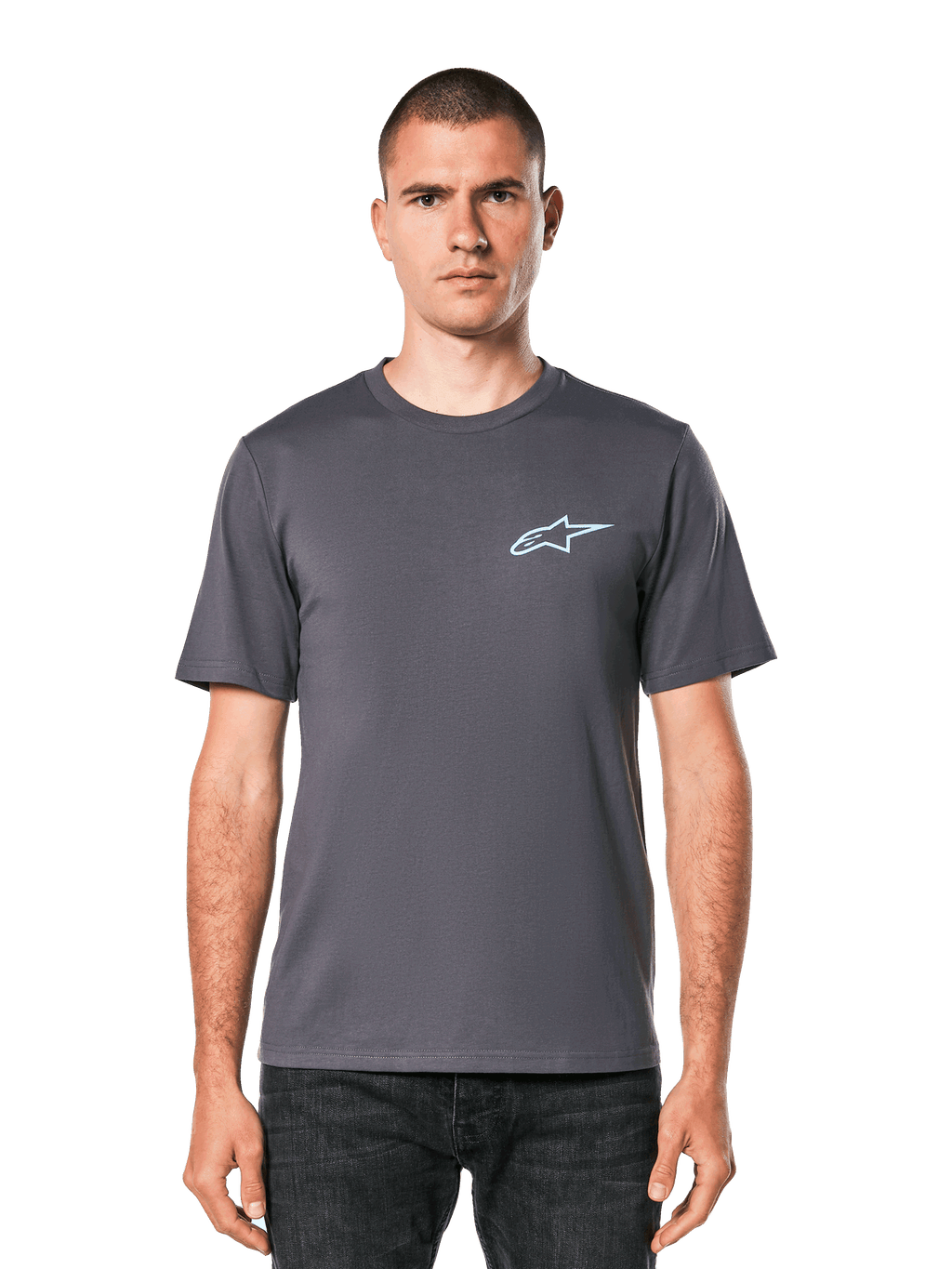 Alpinestars Horizon CSF Tee, koszulka z krótkim rękawem, ciemnoszara, jasnoniebieskie logo Ageless na piersi, casualowa odzież motorsportowa streetwear