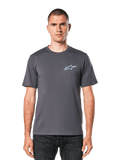 Alpinestars Horizon CSF Tee, koszulka z krótkim rękawem, ciemnoszara, jasnoniebieskie logo Ageless na piersi, casualowa odzież motorsportowa streetwear