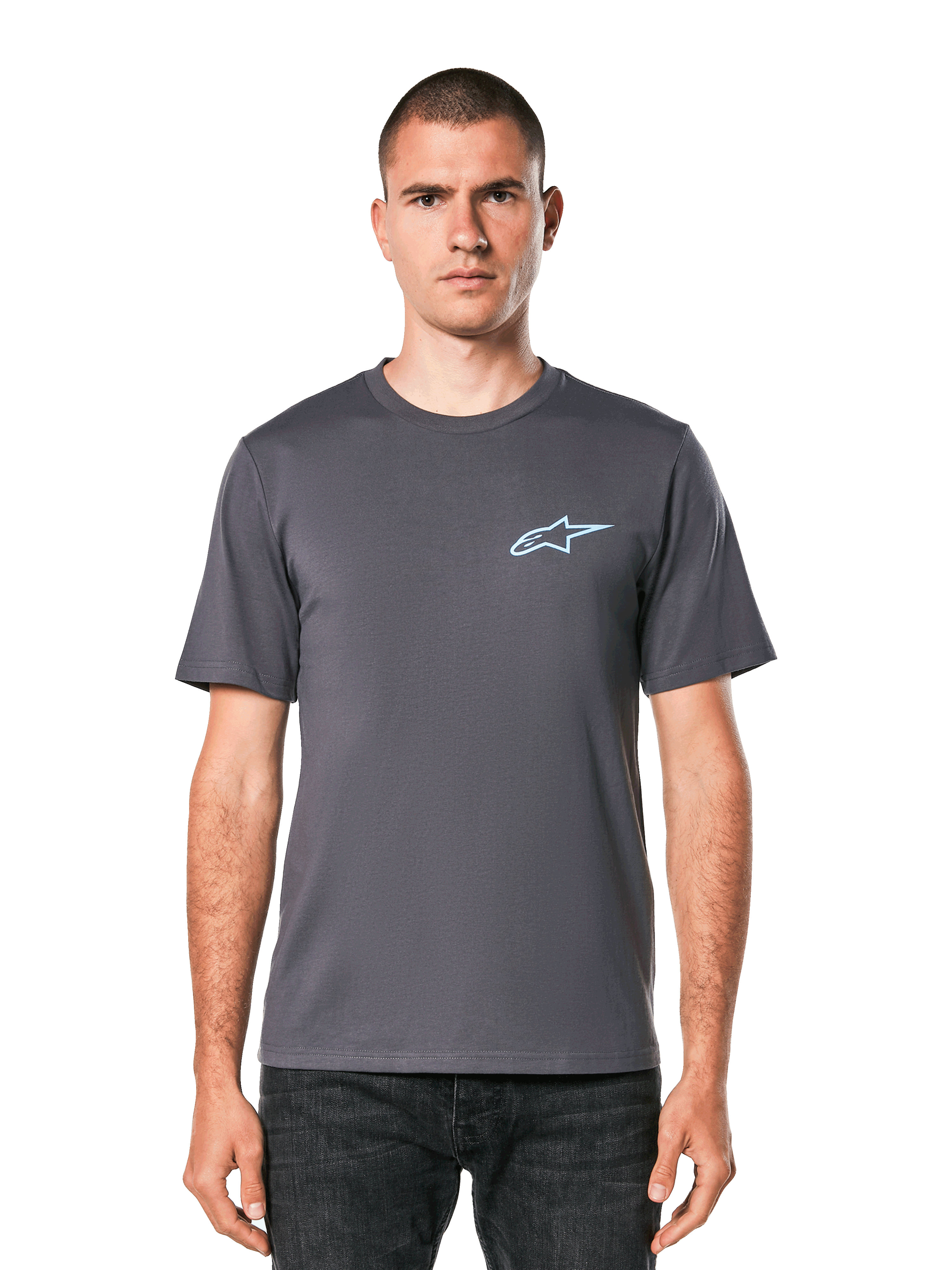 Alpinestars Horizon CSF Tee, koszulka z krótkim rękawem, ciemnoszara, jasnoniebieskie logo Ageless na piersi, casualowa odzież motorsportowa streetwear