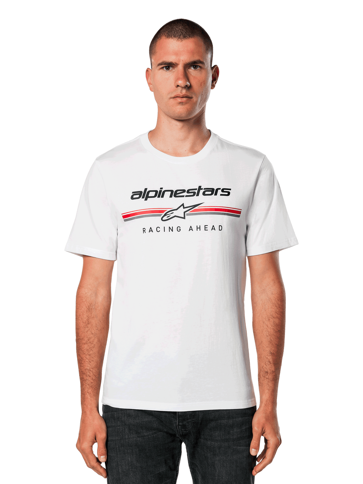 Alpinestars Betteryet CSF Tee, White Short Sleeve T-Shirt, features black Alpinestars logo and red and grey stripes with "Racing Ahead" graphic, modeled by a man with dark jeans, casual motorsport streetwear