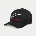 Alpinestars Always 2.0 Hat, czarna czapka z daszkiem, z białym logo Astars i czerwonym napisem Alpinestars, ustrukturyzowana korona z zakrzywionym daszkiem, codzienna odzież sportowa z elastycznego kepru