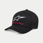 Alpinestars Always 2.0 Hat, czarna czapka z daszkiem, z białym logo Astars i czerwonym napisem Alpinestars, ustrukturyzowana korona z zakrzywionym daszkiem, codzienna odzież sportowa z elastycznego kepru