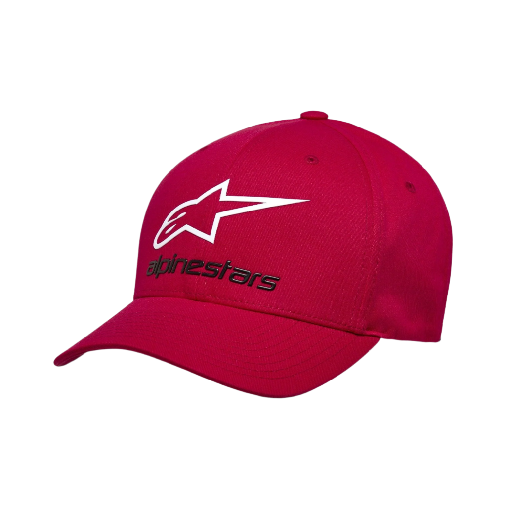 Alpinestars Always 2.0 Hat, czerwona czapka z daszkiem, białe logo gwiazdy i czarny napis Alpinestars, zakrzywiony daszek, ustrukturyzowana korona, codzienna odzież uliczna inspirowana sportami motorowymi