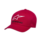 Alpinestars Always 2.0 Hat, czerwona czapka z daszkiem, białe logo gwiazdy i czarny napis Alpinestars, zakrzywiony daszek, ustrukturyzowana korona, codzienna odzież uliczna inspirowana sportami motorowymi