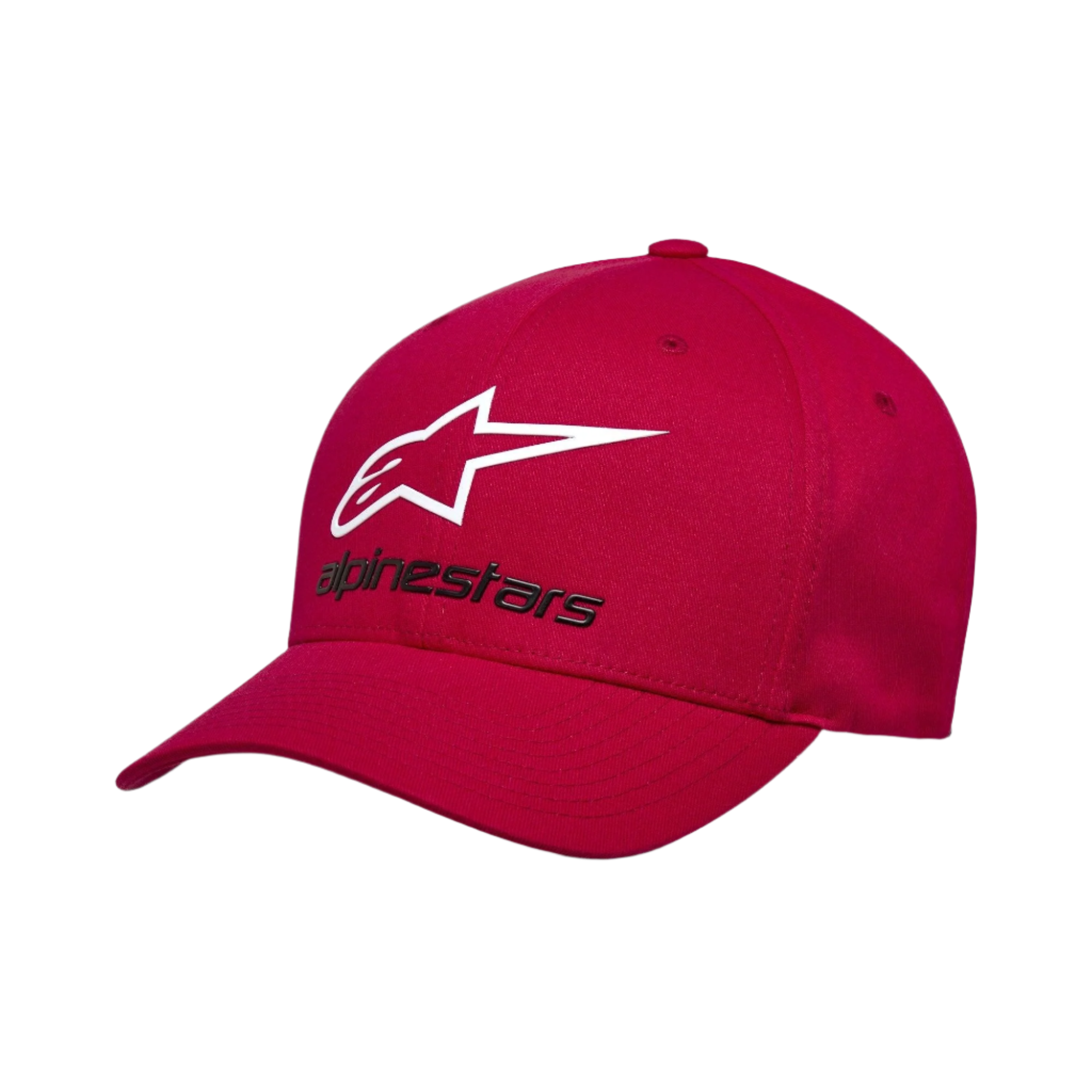 Alpinestars Always 2.0 Hat, czerwona czapka z daszkiem, białe logo gwiazdy i czarny napis Alpinestars, zakrzywiony daszek, ustrukturyzowana korona, codzienna odzież uliczna inspirowana sportami motorowymi