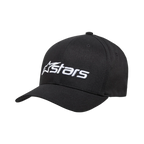 Alpinestars Blaze 2.0 Hat, ustrukturyzowana czapka z daszkiem, czarna, białe haftowane logo z przodu, zakrzywiony daszek, elastyczna tkanina twill, codzienne nakrycie głowy w stylu motorsportowym