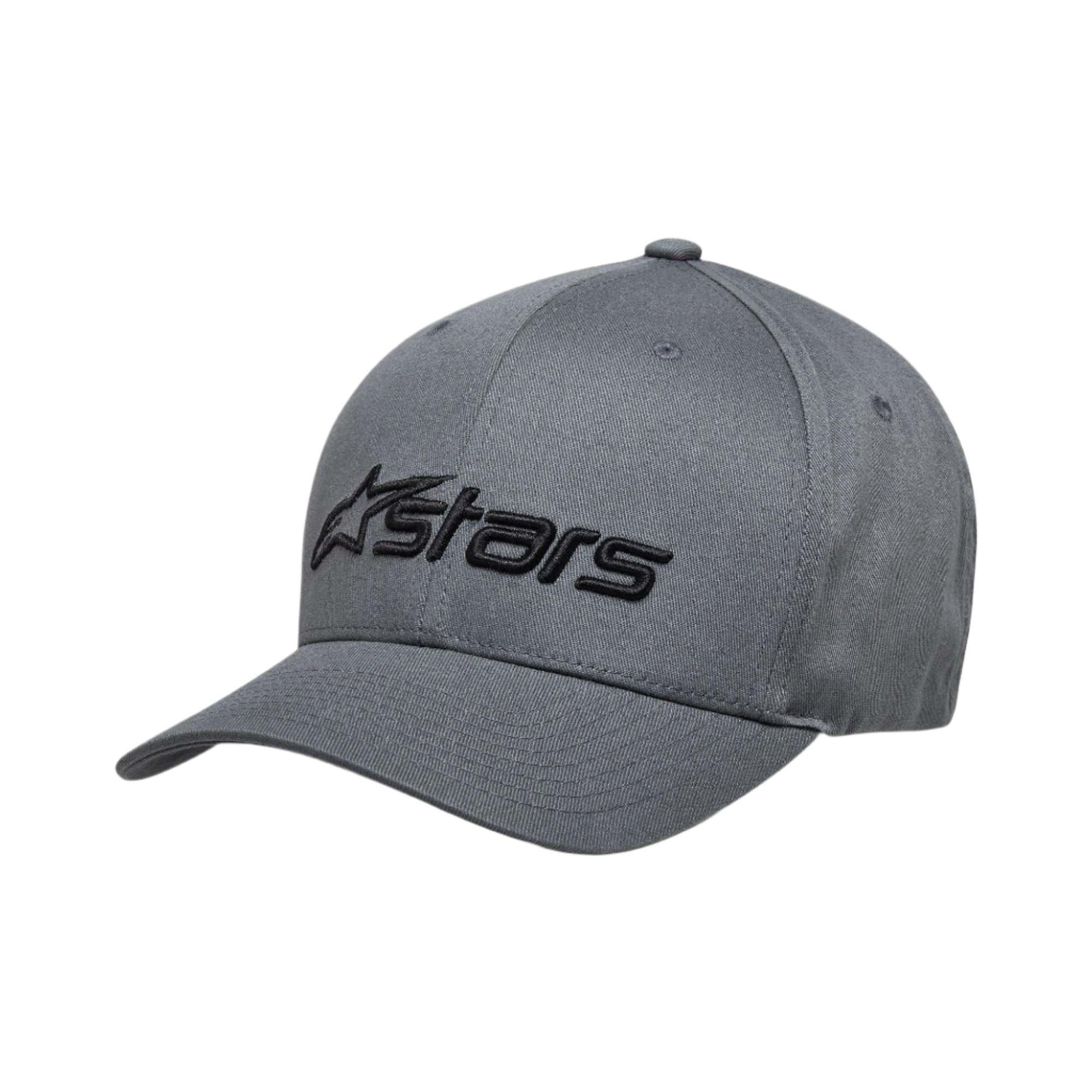 Alpinestars Blaze 2.0 Hat, czapka z daszkiem w kolorze Charcoal Black, ustrukturyzowana konstrukcja z zakrzywionym daszkiem, czarne teksturowane logo Alpinestars z przodu, casualowy design inspirowany motorsportem