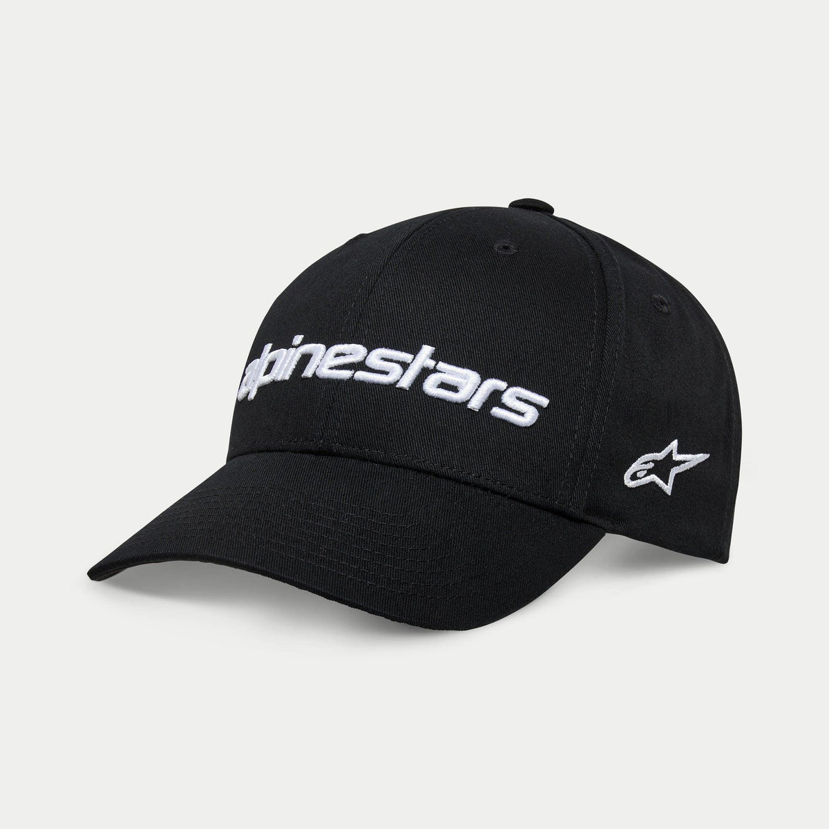 Alpinestars Linear Wordmark 2.0 Hat, Black and White, featuring a curved bill and structured crown, front 3D embroidered wordmark and side star logo, casual motorsport-inspired headwear