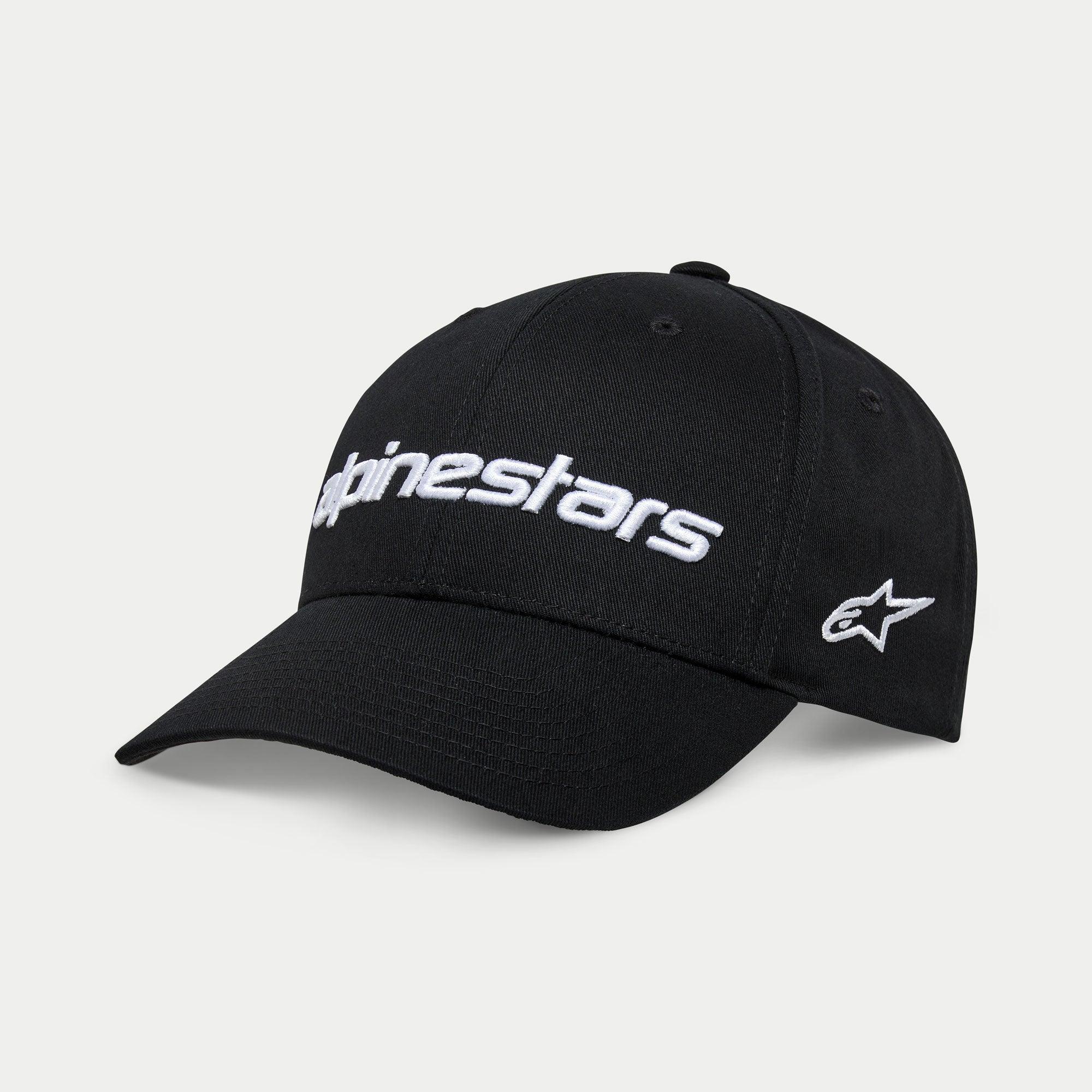 Alpinestars Linear Wordmark 2.0 Hat, czarno-biała czapka z daszkiem, zakrzywiony daszek i usztywniona korona, haftowany logotyp 3D z przodu i logo gwiazdy z boku, codzienne nakrycie głowy inspirowane motorsportem