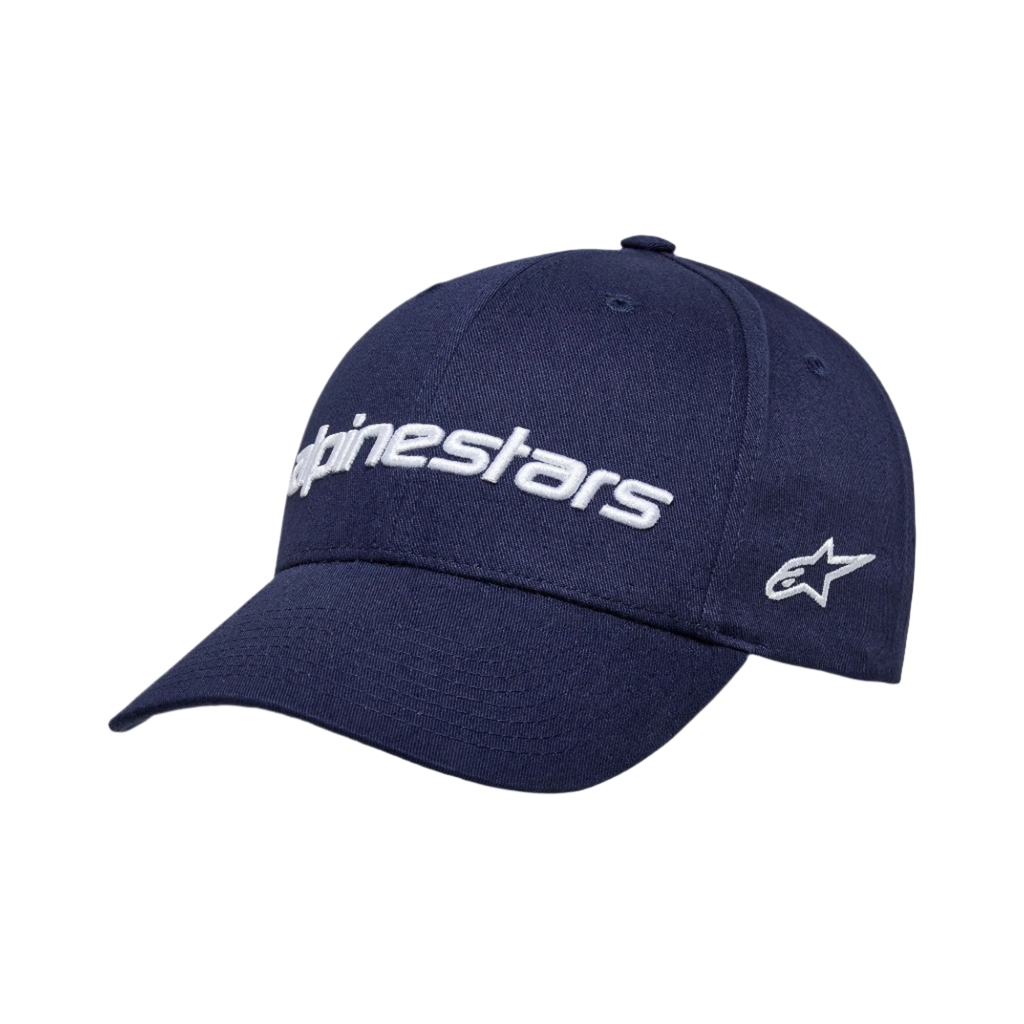 Alpinestars Linear Wordmark 2.0 Hat, granatowa czapka z daszkiem, białe haftowane logo 3D, zakrzywiony daszek, usztywniona korona, boczne logo z gwiazdą, sportowa czapka z bawełnianego twillu
