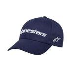 Alpinestars Linear Wordmark 2.0 Hat, granatowa czapka z daszkiem, białe haftowane logo 3D, zakrzywiony daszek, usztywniona korona, boczne logo z gwiazdą, sportowa czapka z bawełnianego twillu