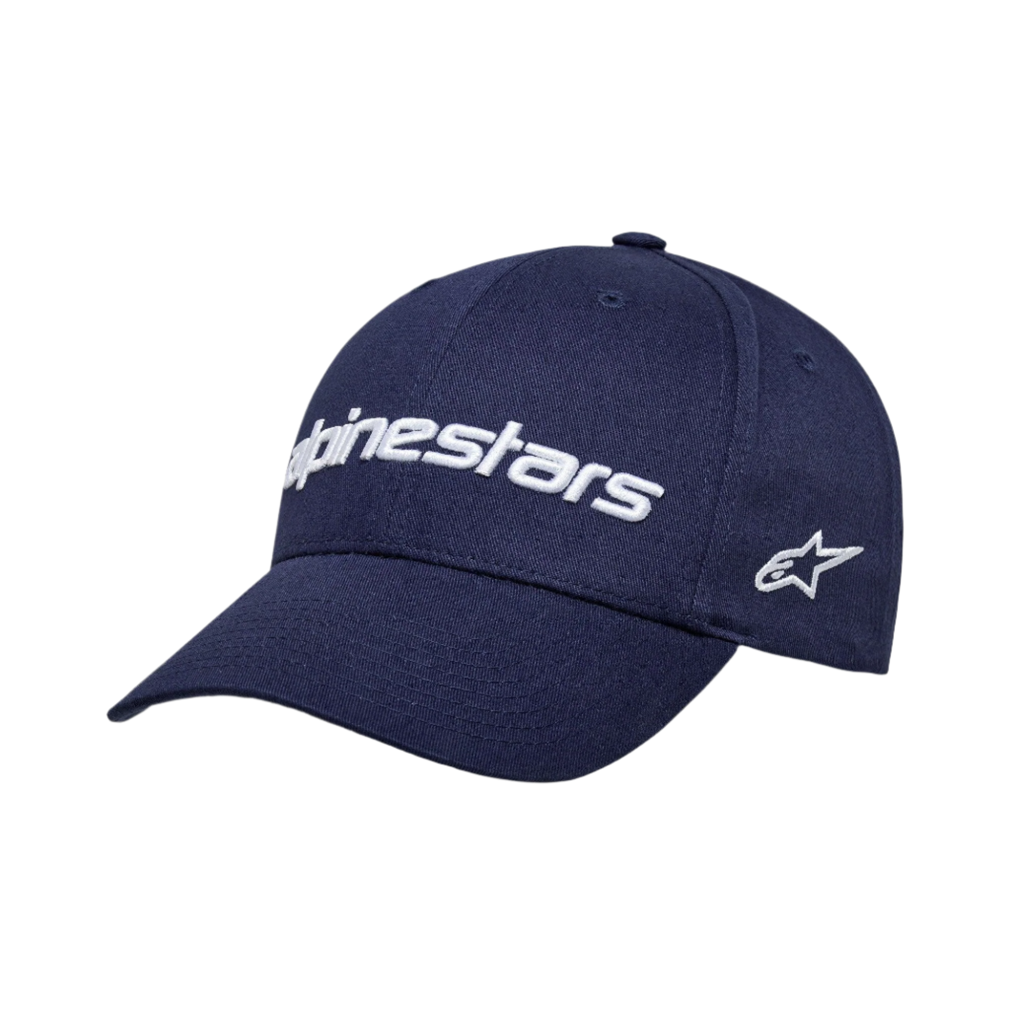 Alpinestars Linear Wordmark 2.0 Hat, granatowa czapka z daszkiem, białe haftowane logo 3D, zakrzywiony daszek, usztywniona korona, boczne logo z gwiazdą, sportowa czapka z bawełnianego twillu