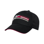 Alpinestars Par Hat, czarna czapka z daszkiem typu snapback, zakrzywiony daszek z czerwonym detalem typu sandwich, boczny haft 3D z logo Alpinestars i napisem Racing Ahead, usztywniona sportowa czapka casual