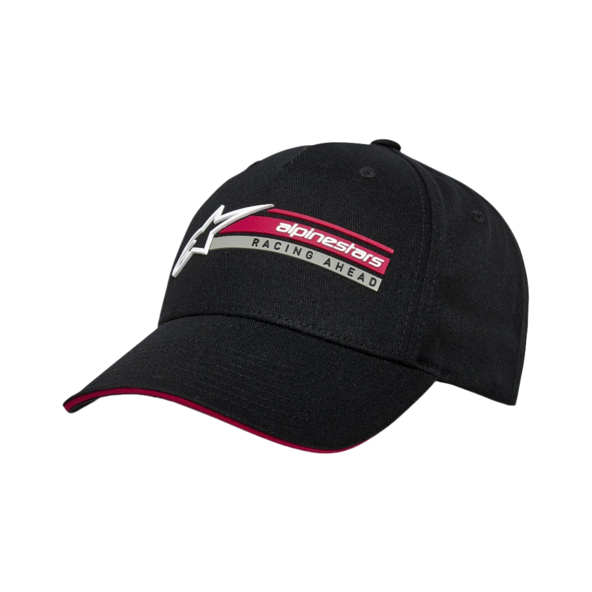 Alpinestars Par Hat, czarna czapka z daszkiem typu snapback, zakrzywiony daszek z czerwonym detalem typu sandwich, boczny haft 3D z logo Alpinestars i napisem Racing Ahead, usztywniona sportowa czapka casual