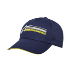 Alpinestars Par Hat, granatowa czapka z daszkiem typu snapback, haftowane logo 3D z żółtym napisem „RACING AHEAD”, zakrzywiony daszek z żółtym wykończeniem typu sandwich, usztywniony twill bawełniany, sportowe nakrycie głowy