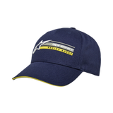 Alpinestars Par Hat, granatowa czapka z daszkiem typu snapback, haftowane logo 3D z żółtym napisem „RACING AHEAD”, zakrzywiony daszek z żółtym wykończeniem typu sandwich, usztywniony twill bawełniany, sportowe nakrycie głowy