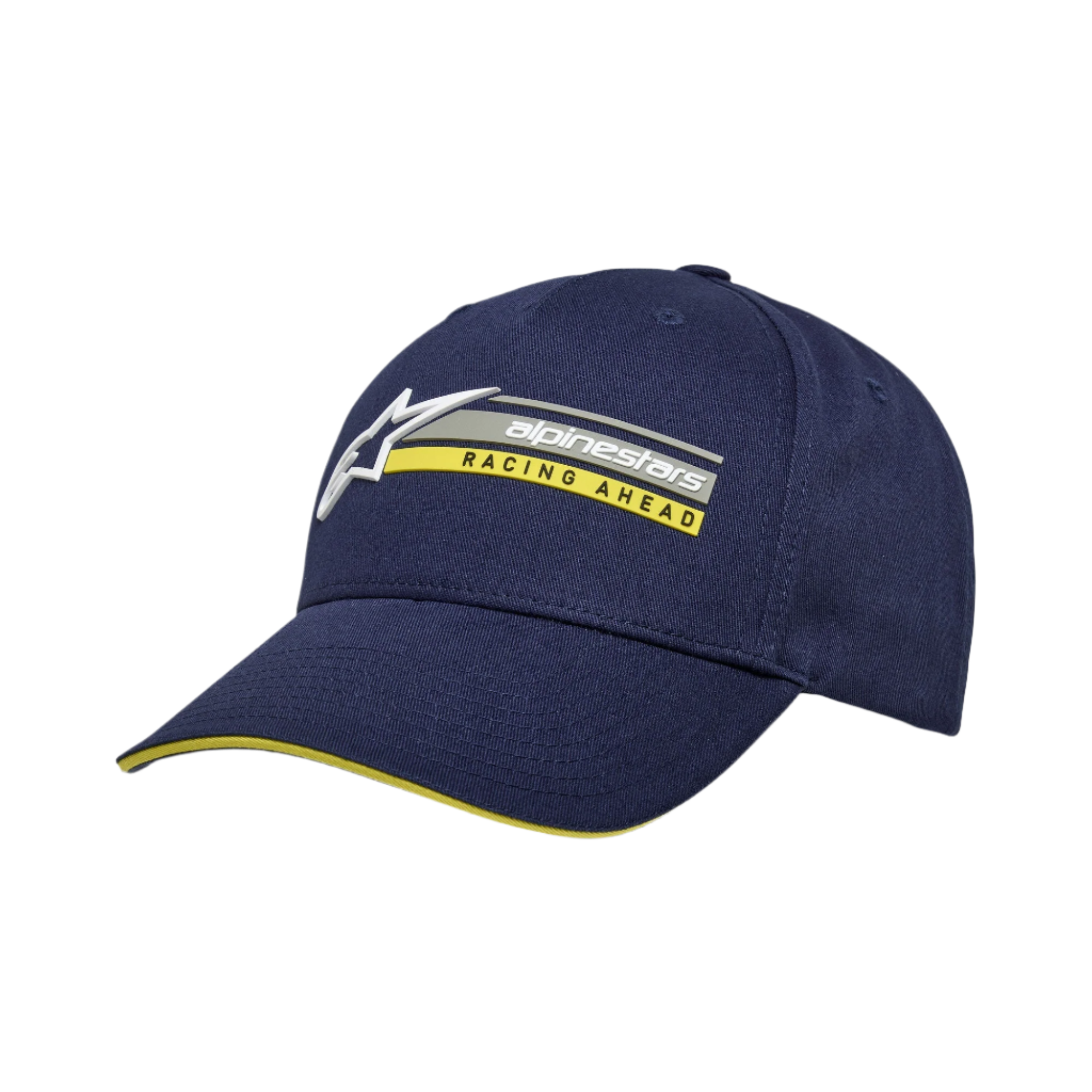 Alpinestars Par Hat, granatowa czapka z daszkiem typu snapback, haftowane logo 3D z żółtym napisem „RACING AHEAD”, zakrzywiony daszek z żółtym wykończeniem typu sandwich, usztywniony twill bawełniany, sportowe nakrycie głowy