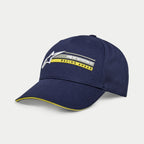 Alpinestars Par Hat, granatowa czapka z daszkiem typu snapback, zakrzywiony daszek z żółtą krawędzią typu sandwich, haftowane logo 3D z grafiką „Racing Ahead”, codzienne nakrycie głowy inspirowane motorsportem