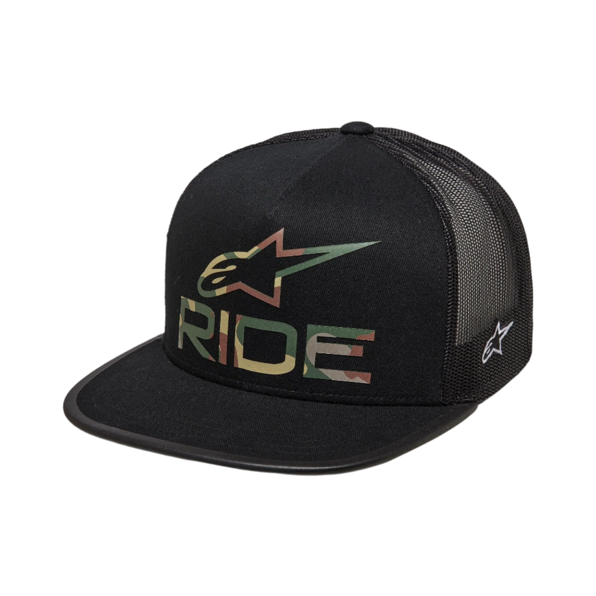 Alpinestars Ride 4.0 Camo Trucker Hat, czarna czapka z daszkiem, logo Alpinestars i napis RIDE z motywem kamuflażu z przodu, płaski daszek, usztywniona korona, czarna siateczka z tyłu, design inspirowany sportami motorowymi