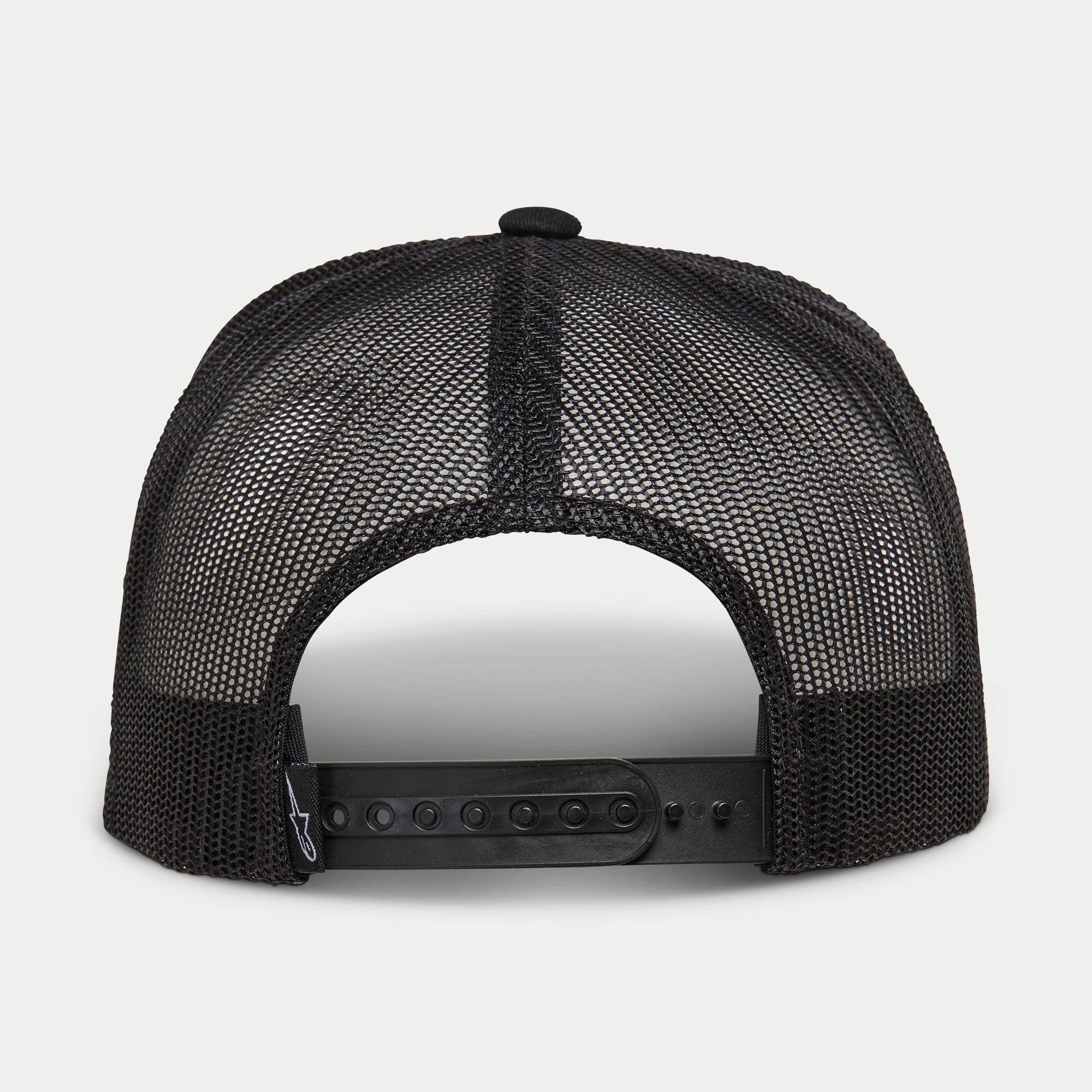 Alpinestars Ride 4.0 Camo Trucker Hat, czarna, widok z tyłu pokazujący przewiewną koronę z siateczki i regulowany plastikowy pasek snapback z małą metką z logo, codzienne nakrycie głowy inspirowane sportami motorowymi.