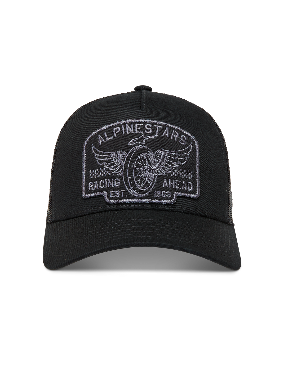 Alpinestars Heritage Patch, czapka z daszkiem typu trucker, czarna i szara, haftowana naszywka wyścigowa, zakrzywiony daszek i siatkowy tył