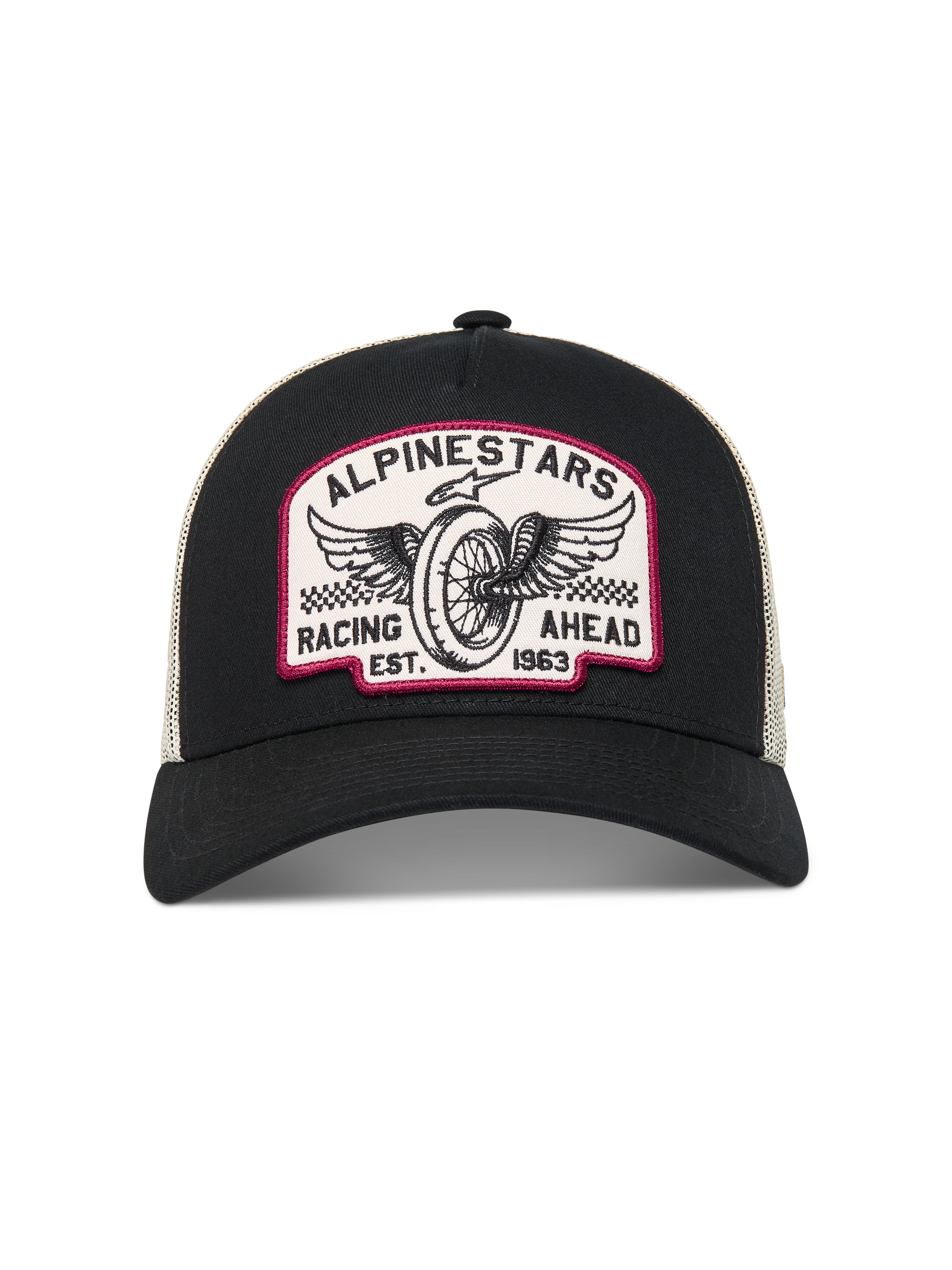 Alpinestars Heritage Patch Trucker Hat, Black and Natural mesh with vintage winged wheel racing embroidery patch.