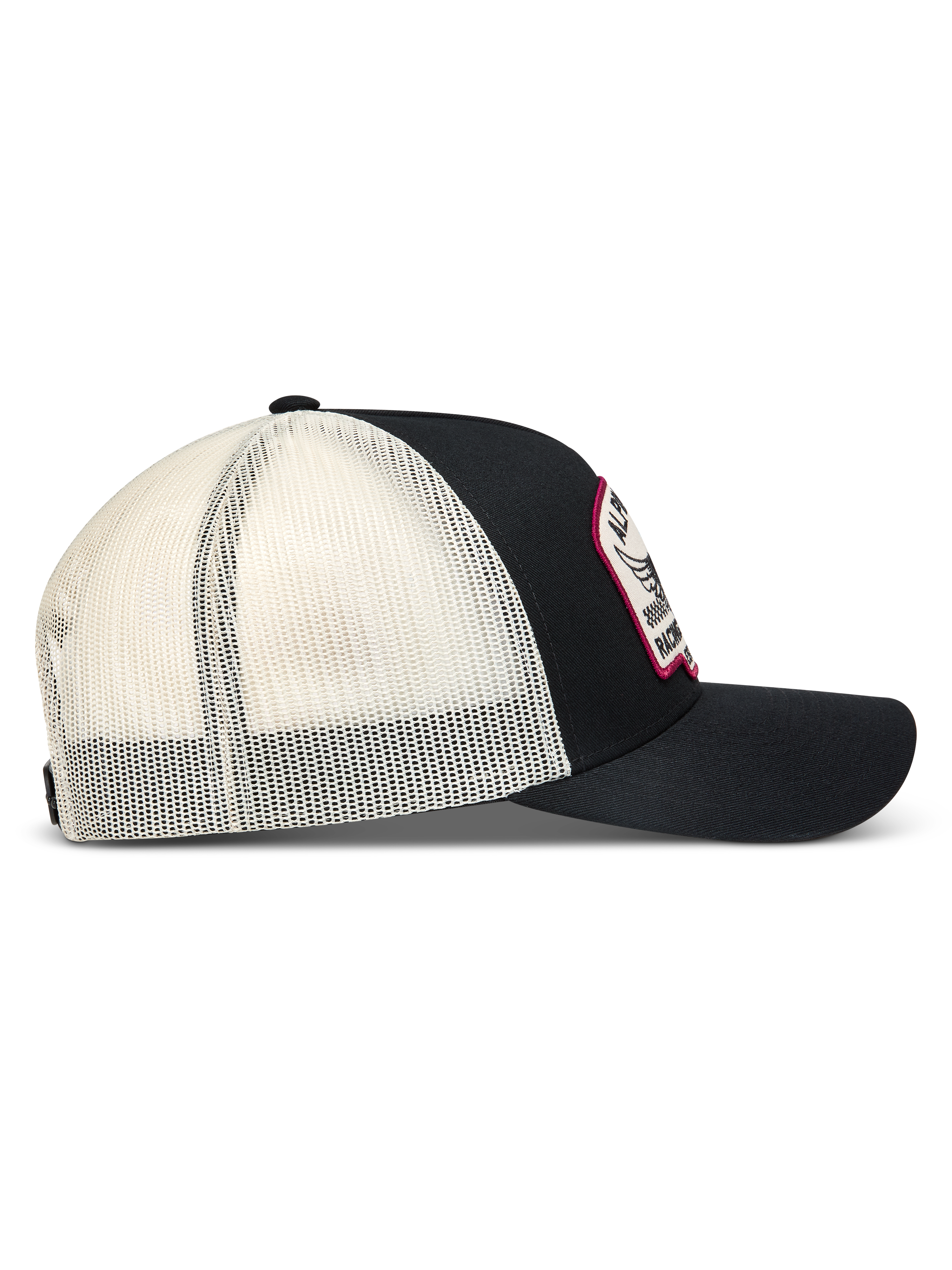 Alpinestars Heritage Patch Trucker Hat, Black and White sportswear cap with mesh back, curved bill, and embroidered patch.