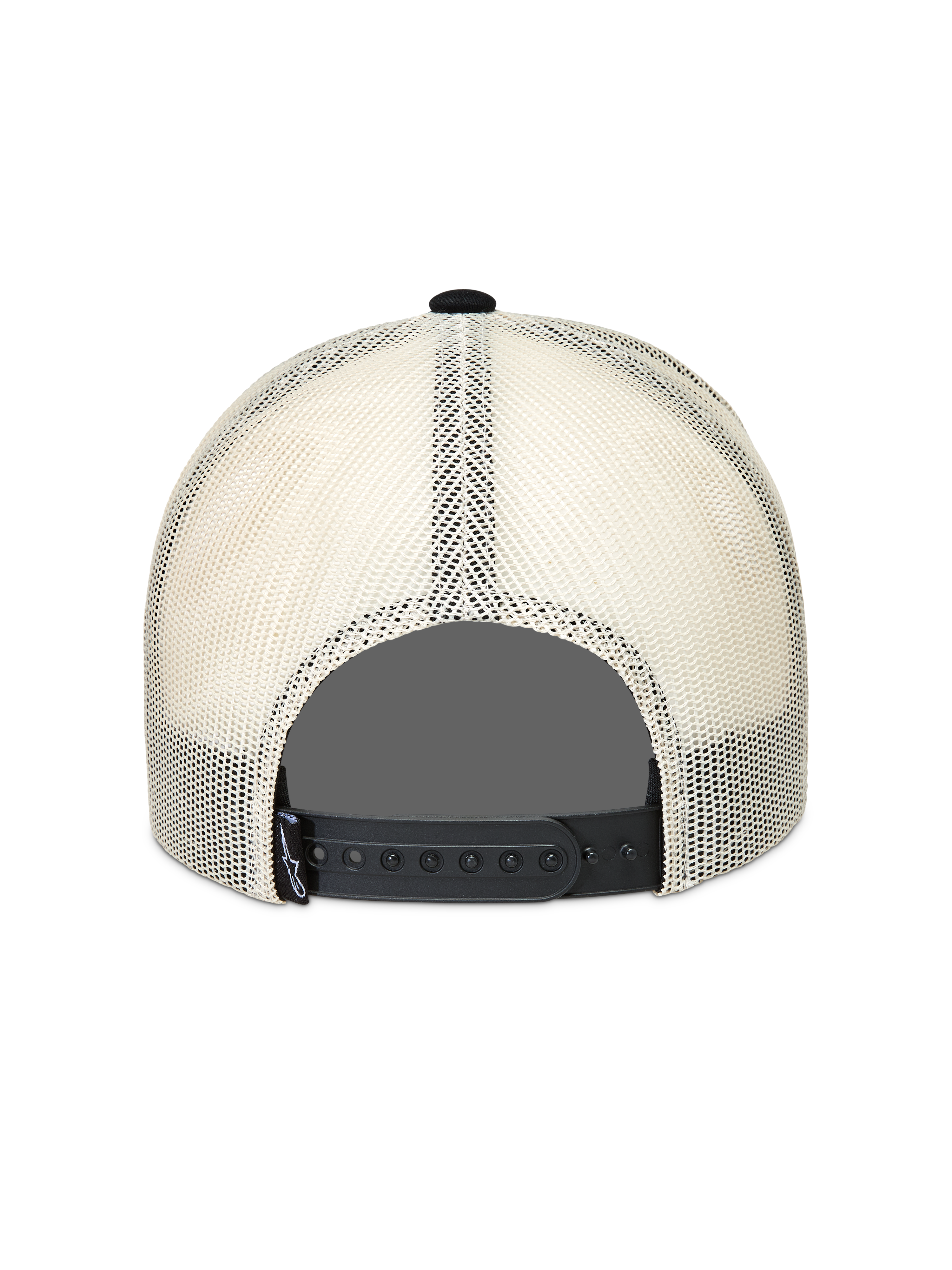 Alpinestars Heritage Patch Trucker Hat in Black and Natural, featuring a breathable poly mesh back and adjustable snapback.