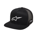 Alpinestars 3D Ageless Trucker Hat, czarna czapka typu trucker, białe logo Alpinestars, płaski daszek, sztywna korona, czarny tył z siateczki, codzienna odzież sportowa inspirowana motorsportem