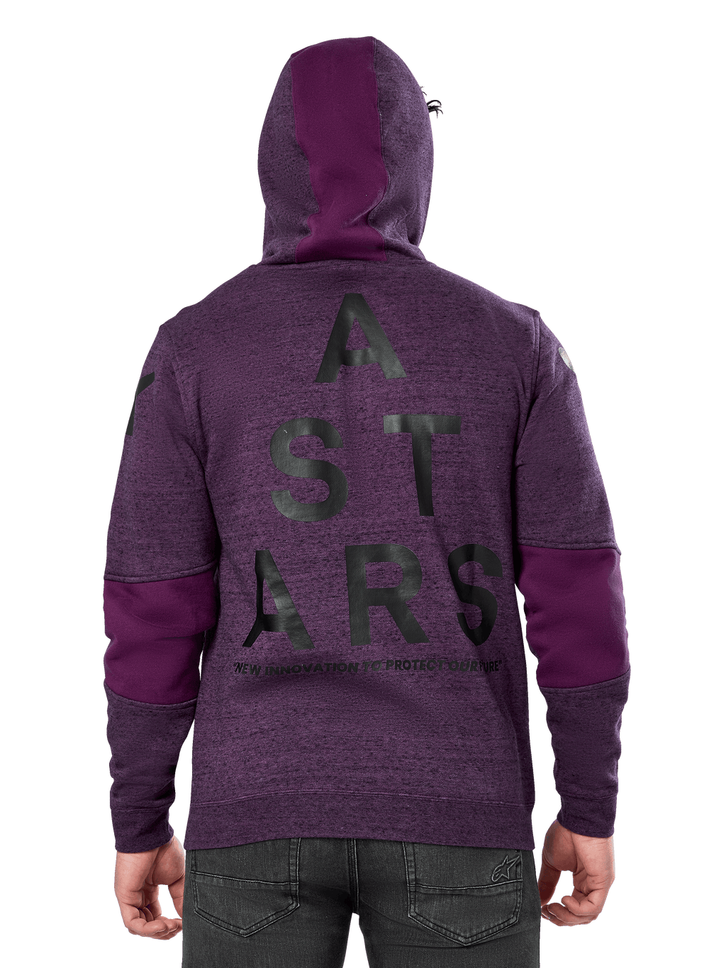 Alpinestars Perpetuate Hoodie, fioletowa bluza z polaru z barwionego melanżu, widok z tyłu z dużą czarną grafiką „ASTARS” i napisem „NEW INNOVATION TO PROTECT OUR FUTURE”, wstawki z jednolitego fioletowego materiału na rękawach i kapturze, codzienny design inspirowany sportami motorowymi