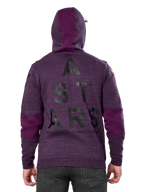 Alpinestars Perpetuate Hoodie, fioletowa bluza z polaru z barwionego melanżu, widok z tyłu z dużą czarną grafiką „ASTARS” i napisem „NEW INNOVATION TO PROTECT OUR FUTURE”, wstawki z jednolitego fioletowego materiału na rękawach i kapturze, codzienny design inspirowany sportami motorowymi
