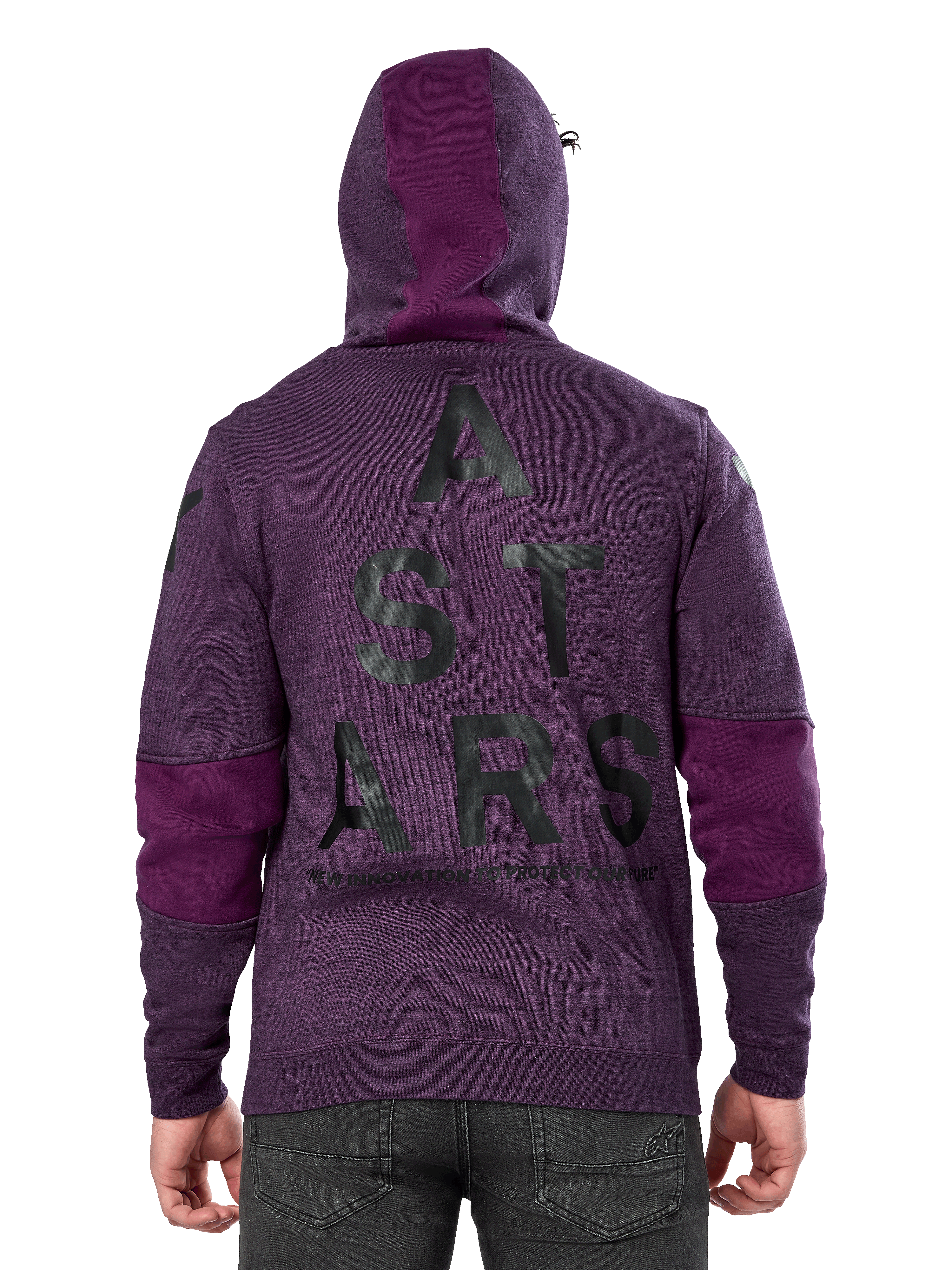 Alpinestars Perpetuate Hoodie, fioletowa bluza z polaru z barwionego melanżu, widok z tyłu z dużą czarną grafiką „ASTARS” i napisem „NEW INNOVATION TO PROTECT OUR FUTURE”, wstawki z jednolitego fioletowego materiału na rękawach i kapturze, codzienny design inspirowany sportami motorowymi