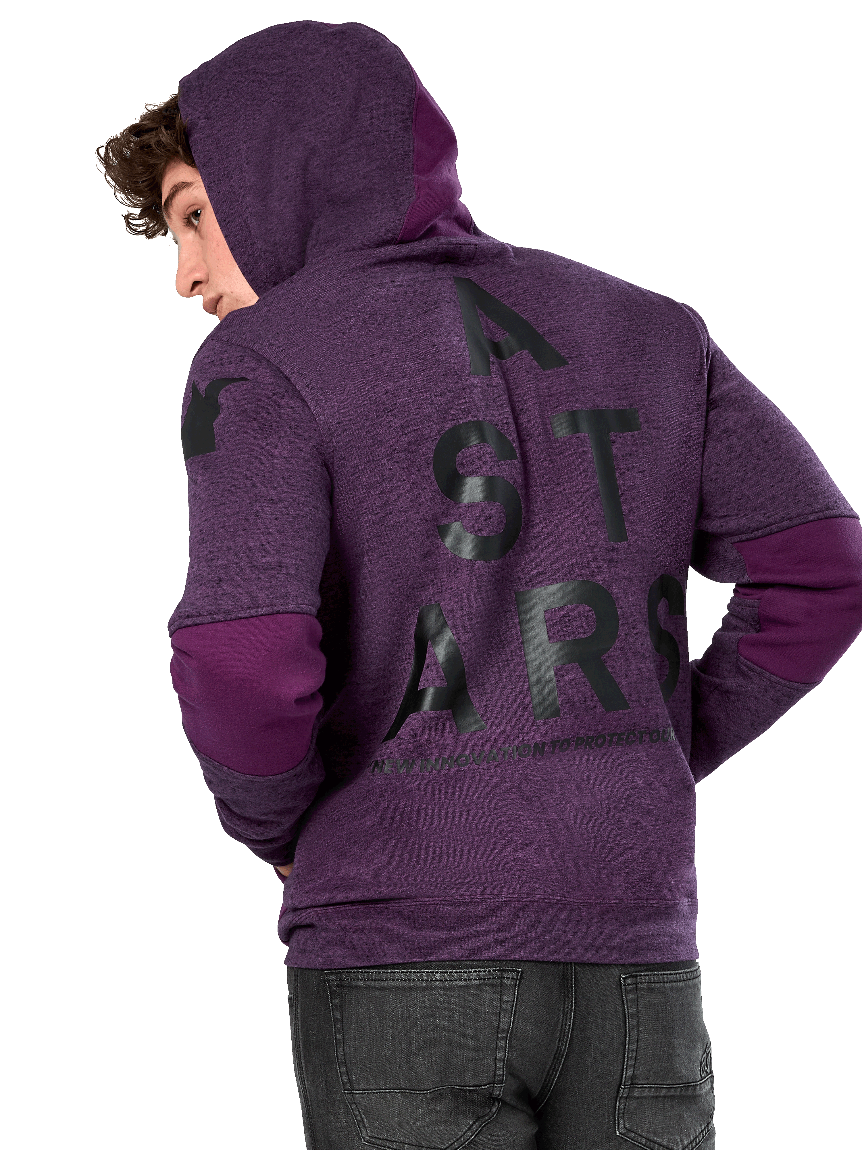 Alpinestars Perpetuate Hoodie, fioletowy polar melanżowy, widok z tyłu z dużą czarną grafiką „A STARS” i ciemnofioletowymi wstawkami na łokciach oraz kapturze, casualowa odzież uliczna inspirowana motorsportem