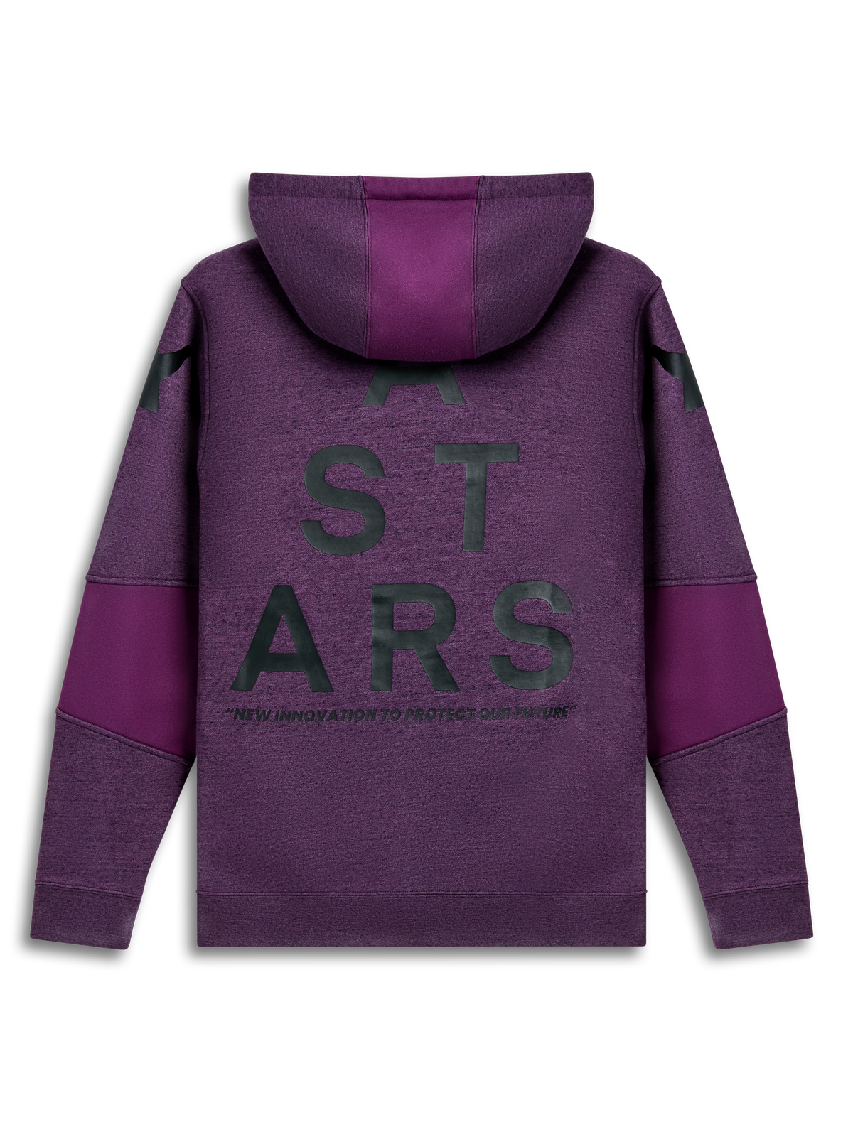 Alpinestars Perpetuate Hoodie, purple sportswear pullover hoodie, back view showing back type graphic and fabric blocking details