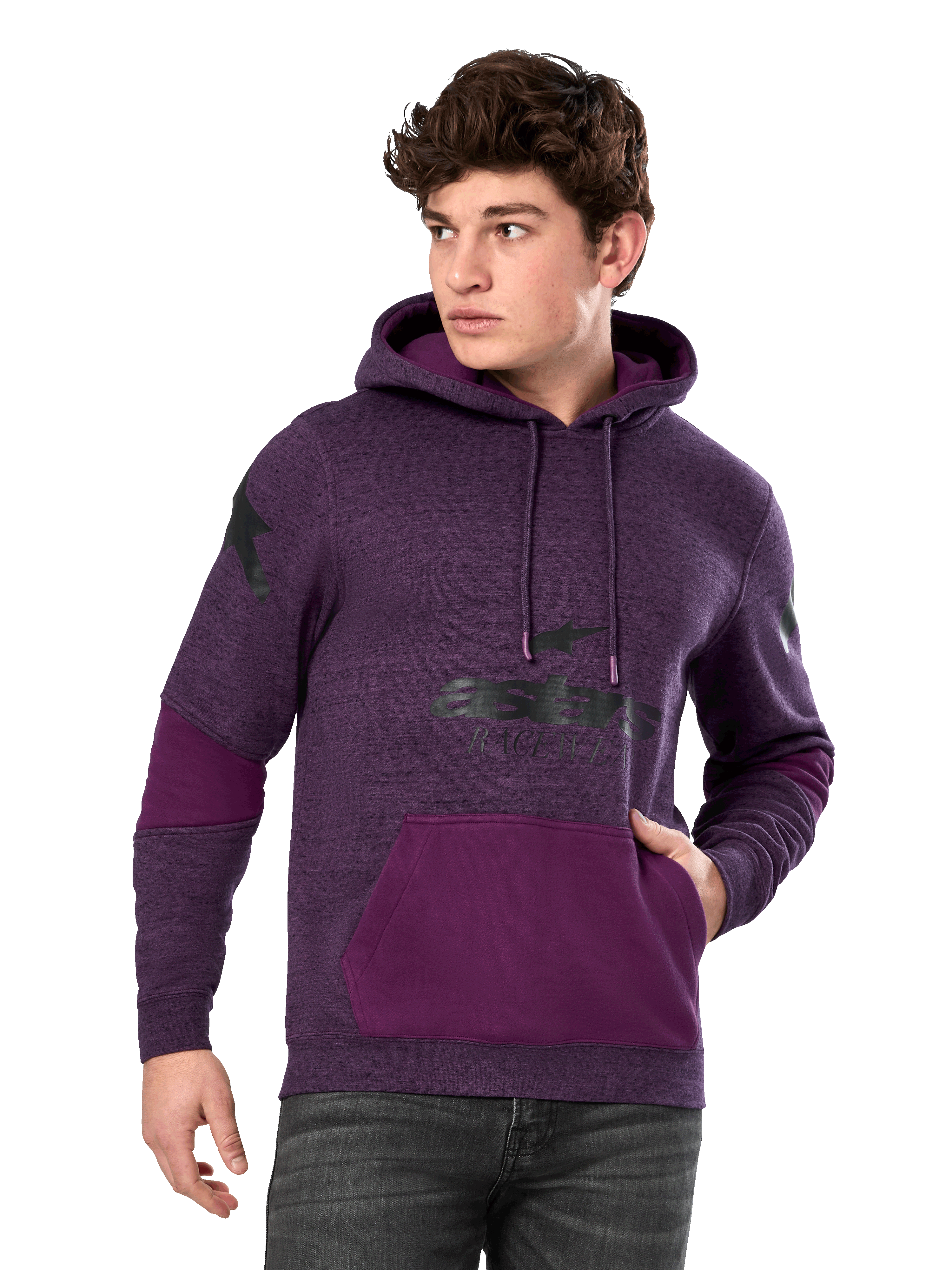 Alpinestars Perpetuate Hoodie, fioletowy melanż i ciemnofioletowy, męska polarowa bluza z kapturem, czarne grafiki z logo, kieszeń kangurka, casualowa odzież uliczna inspirowana motorsportem
