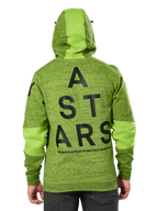 Alpinestars Perpetuate Hoodie, widok z tyłu, limonkowy polar o melanżowym splotu z zielonymi panelami na kapturze i rękawach, duża czarna grafika ASTARS na plecach, codzienna odzież streetwearowa inspirowana motorsportem