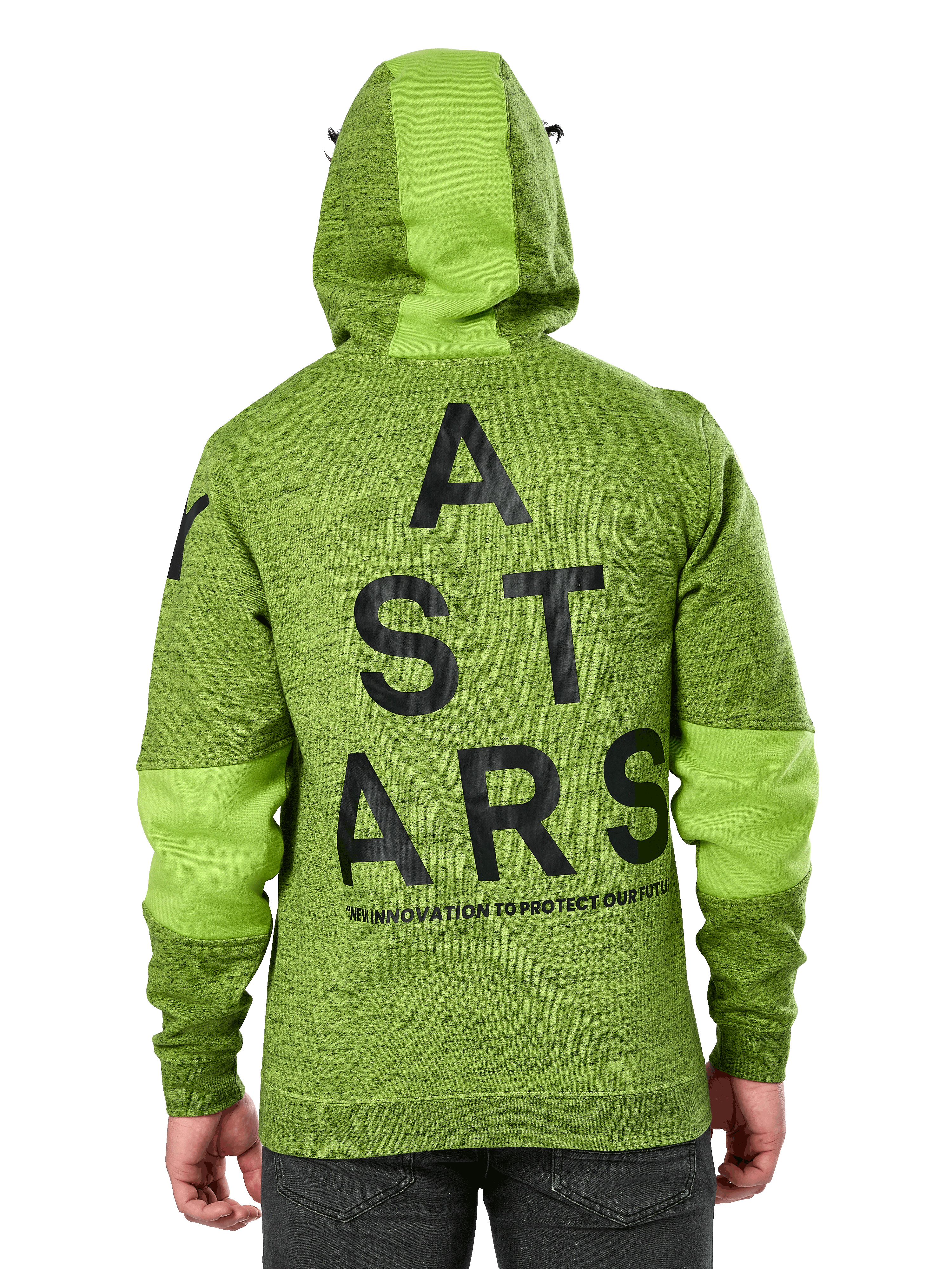 Alpinestars Perpetuate Hoodie, widok z tyłu, limonkowy polar o melanżowym splotu z zielonymi panelami na kapturze i rękawach, duża czarna grafika ASTARS na plecach, codzienna odzież streetwearowa inspirowana motorsportem
