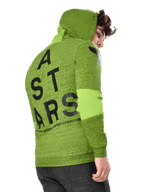 Alpinestars Perpetuate Hoodie, sportowa bluza z kapturem, limonkowy melanżowy polar, widok z tyłu z dużą czarną pionową grafiką ASTARS na plecach i logo na ramieniu, blokowanie tkaniny na rękawach, kaptur ze sznurkiem, nowoczesny streetwear inspirowany motorsportem.