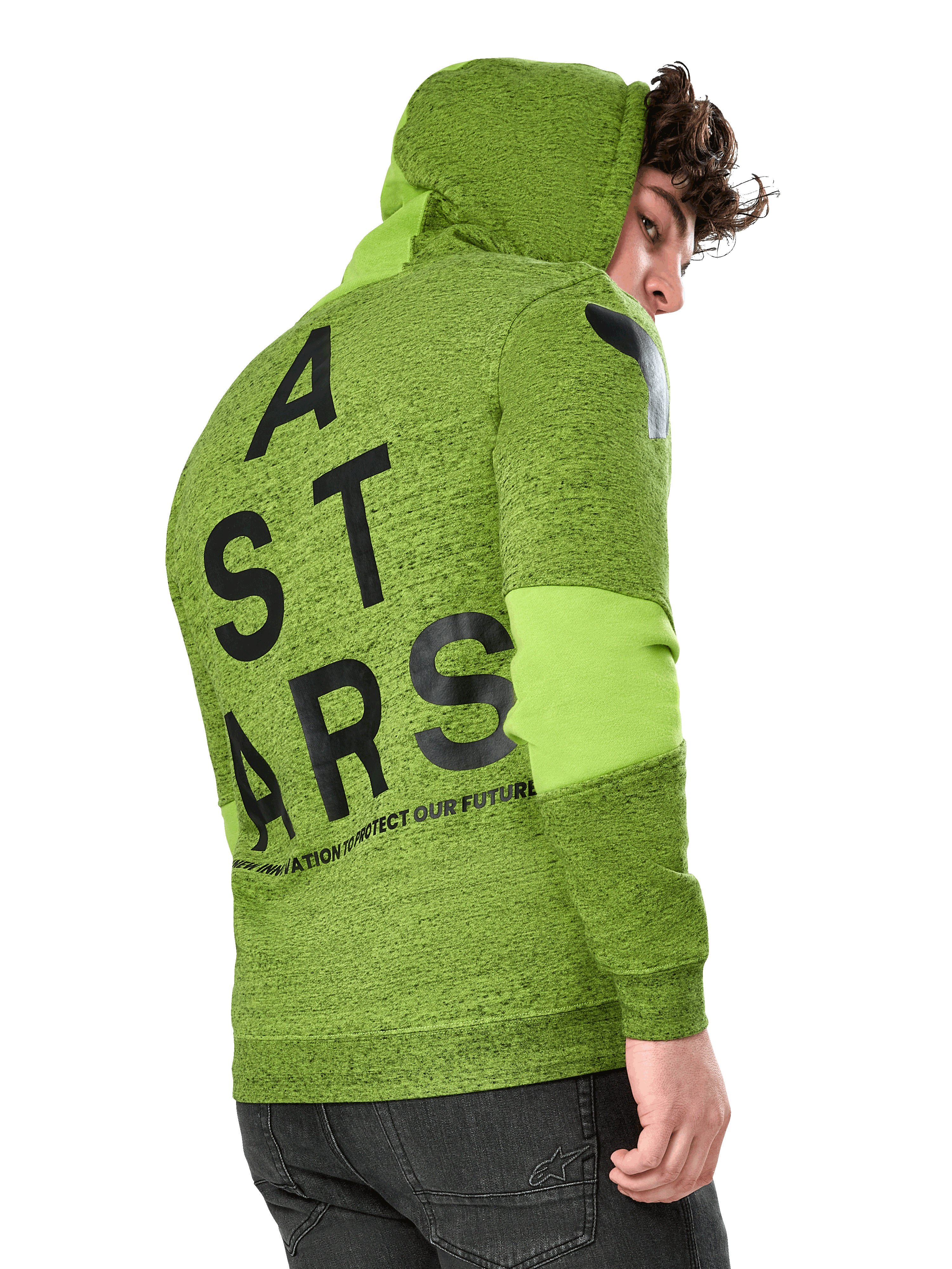 Alpinestars Perpetuate Hoodie, sportowa bluza z kapturem, limonkowy melanżowy polar, widok z tyłu z dużą czarną pionową grafiką ASTARS na plecach i logo na ramieniu, blokowanie tkaniny na rękawach, kaptur ze sznurkiem, nowoczesny streetwear inspirowany motorsportem.