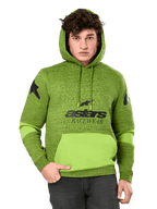 Alpinestars Perpetuate Hoodie, męska bluza z kapturem typu pullover w kolorze zielonego melanżu i limonki, z jaskrawymi limonkowymi elementami na kieszeni kangurce i rękawach, czarna grafika „astars RACEWEAR” na klatce piersiowej i logo gwiazdy na ramionach, casualowy motorsportowy streetwear