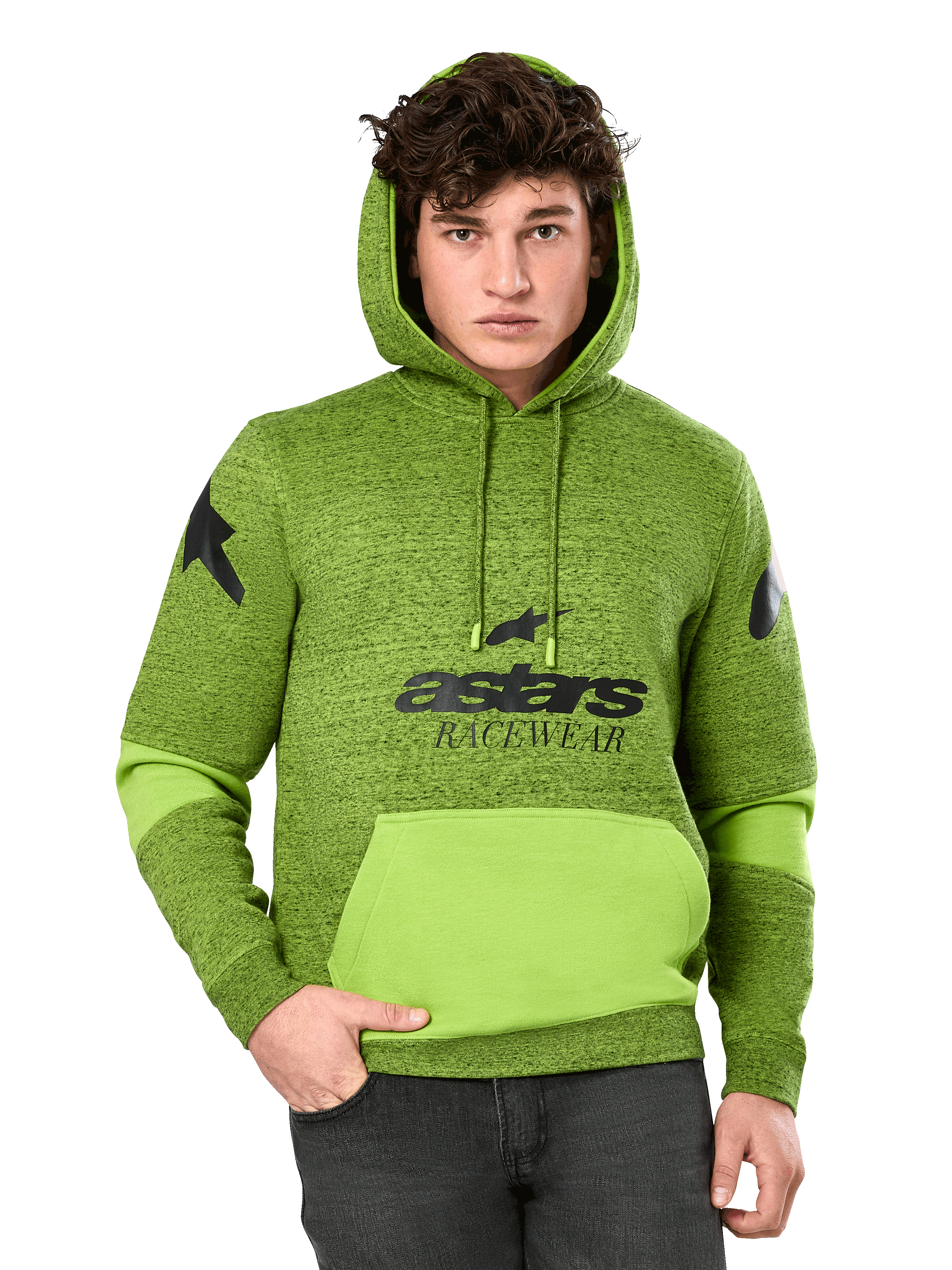 Alpinestars Perpetuate Hoodie, męska bluza z kapturem typu pullover w kolorze zielonego melanżu i limonki, z jaskrawymi limonkowymi elementami na kieszeni kangurce i rękawach, czarna grafika „astars RACEWEAR” na klatce piersiowej i logo gwiazdy na ramionach, casualowy motorsportowy streetwear