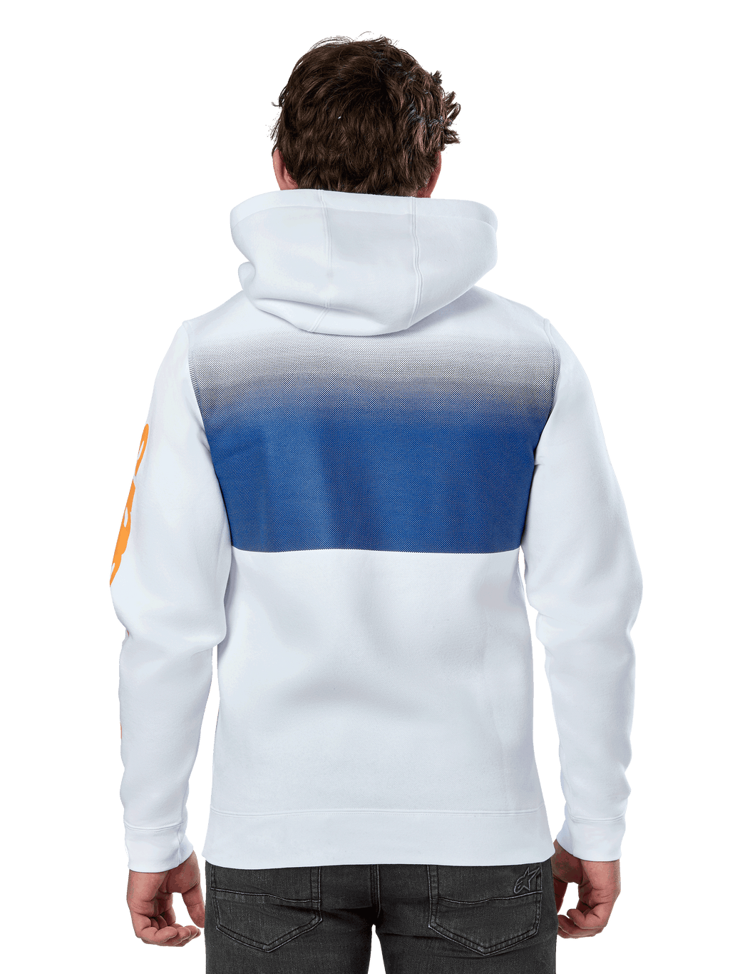 Alpinestars Specter Hoodie, biała bluza z kapturem w stylu streetwear, niebieski nadruk z efektem gradientu na plecach, pomarańczowe logo na rękawie, widok z tyłu