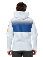 Alpinestars Specter Hoodie, biała bluza z kapturem w stylu streetwear, niebieski nadruk z efektem gradientu na plecach, pomarańczowe logo na rękawie, widok z tyłu
