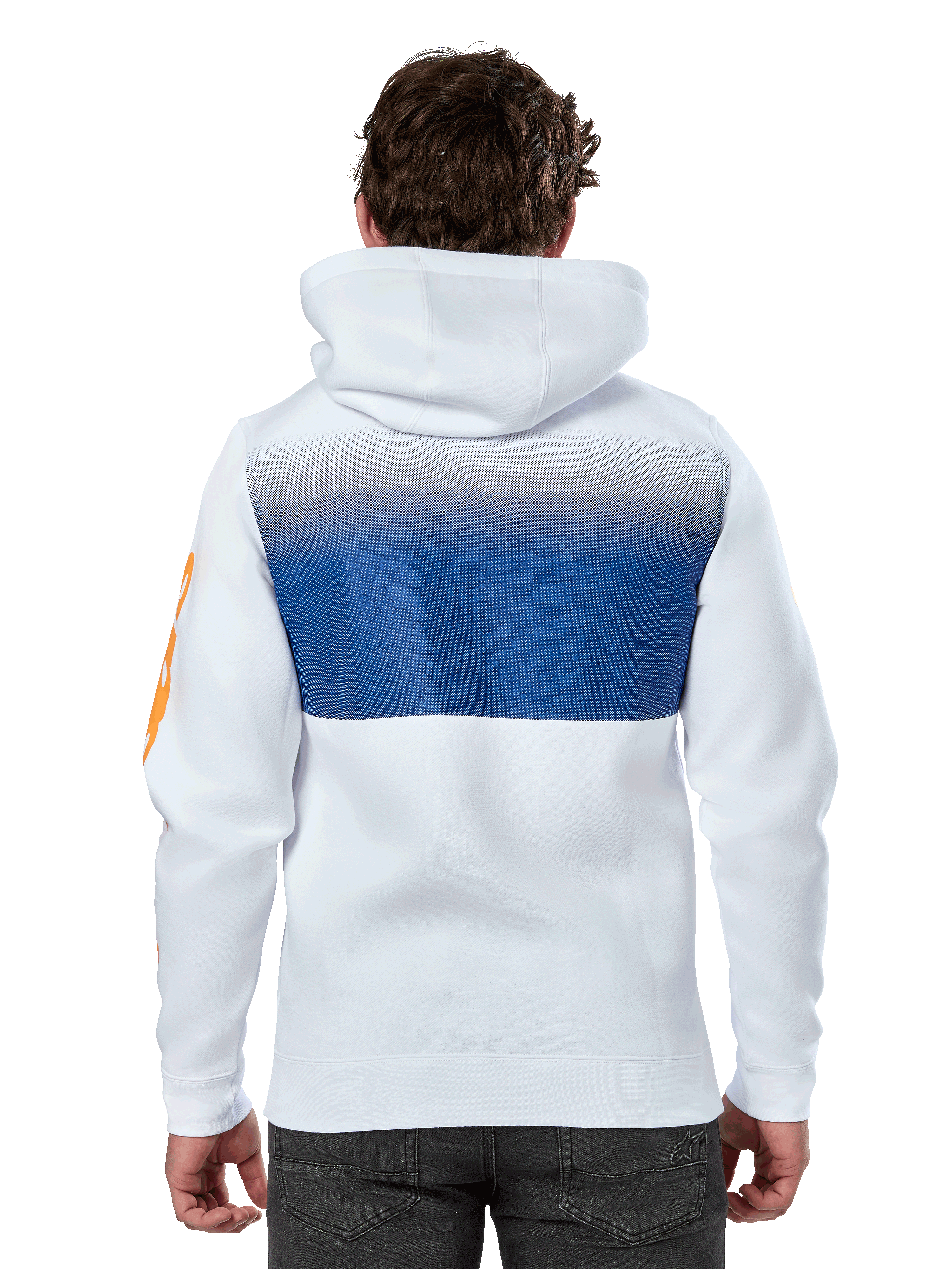 Alpinestars Specter Hoodie, biała bluza z kapturem w stylu streetwear, niebieski nadruk z efektem gradientu na plecach, pomarańczowe logo na rękawie, widok z tyłu