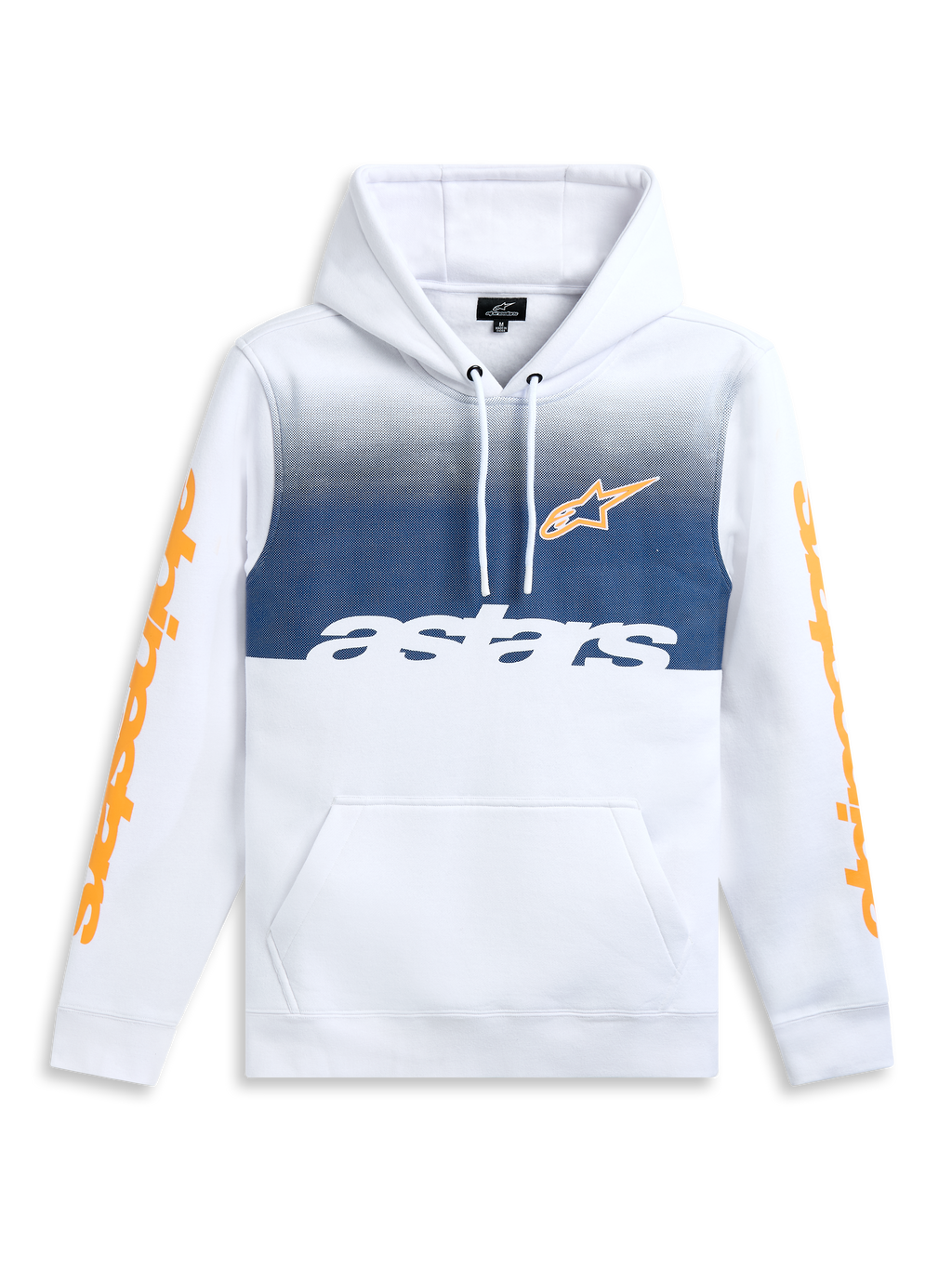 Alpinestars Specter Hoodie, biała bluza polarowa z kapturem, nadruk z gradientem, kieszeń kangurka, pomarańczowe napisy na rękawach