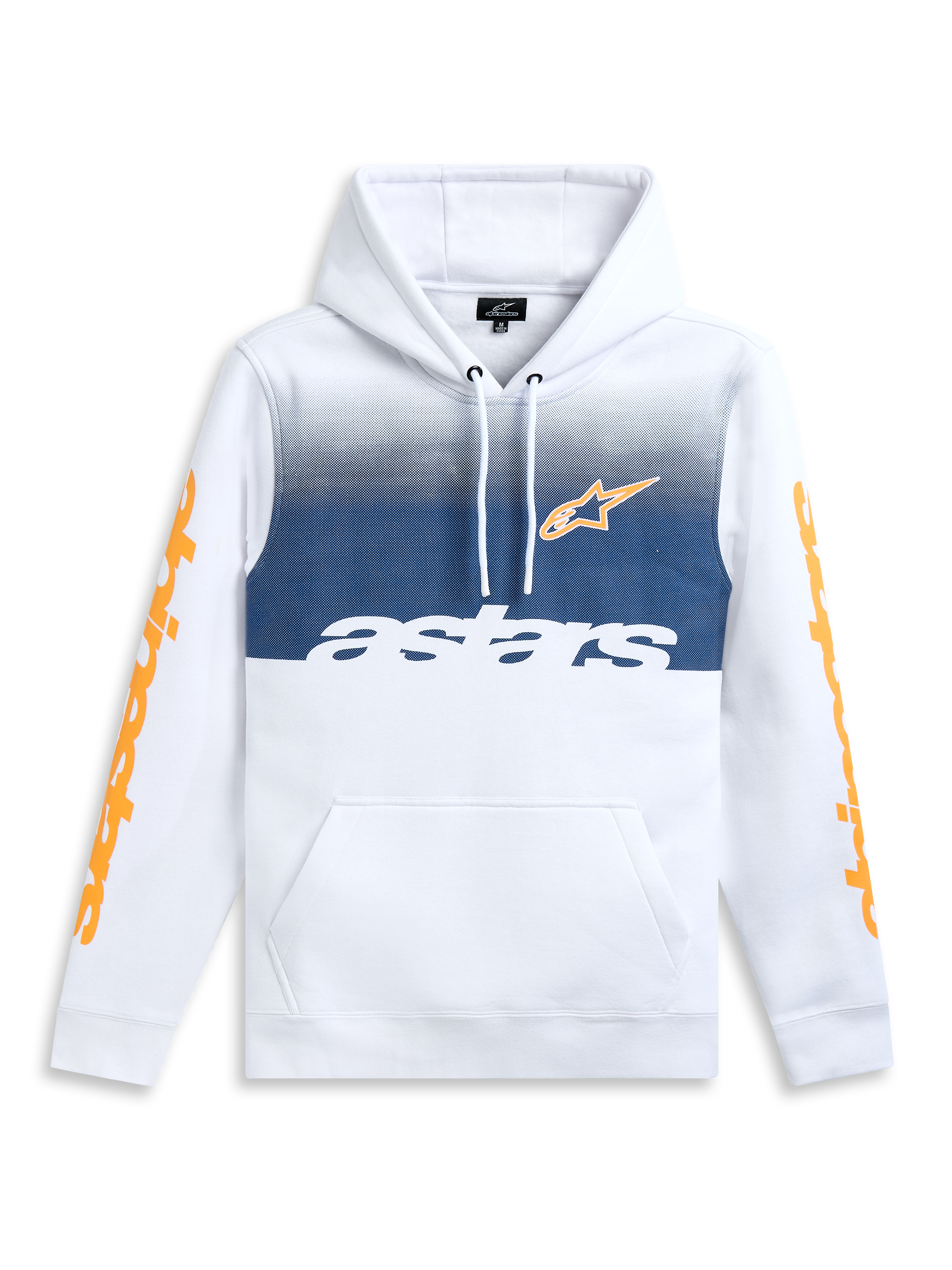 Alpinestars Specter Hoodie, biała bluza polarowa z kapturem, nadruk z gradientem, kieszeń kangurka, pomarańczowe napisy na rękawach