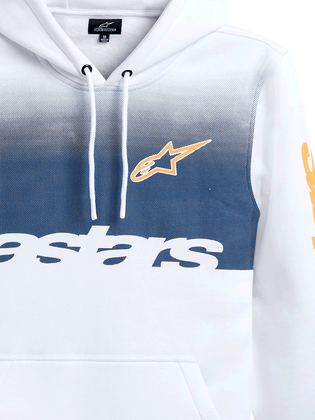Alpinestars Specter Hoodie, biała z granatowym nadrukiem gradientowym, pomarańczowe logo gwiazdy Alpinestars i biały napis, codzienna bluza polarowa typu streetwear inspirowana sportami motorowymi, kaptur ze sznurkiem