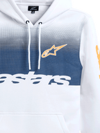 Alpinestars Specter Hoodie, biała z granatowym nadrukiem gradientowym, pomarańczowe logo gwiazdy Alpinestars i biały napis, codzienna bluza polarowa typu streetwear inspirowana sportami motorowymi, kaptur ze sznurkiem