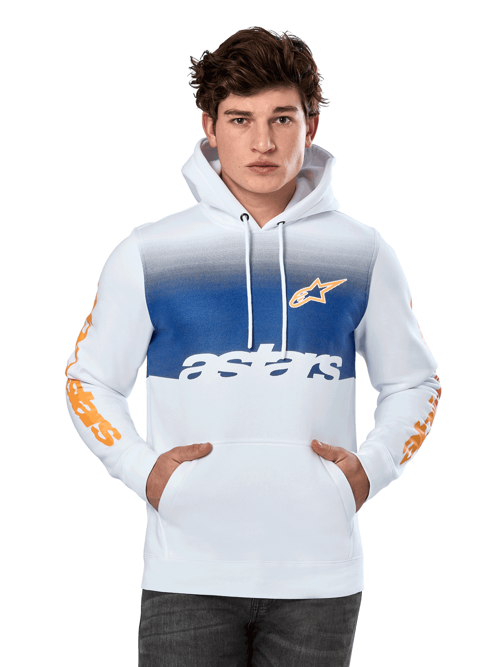 Alpinestars Specter Hoodie, biała z niebieskim panelem gradientowym na piersi, pomarańczowe logo gwiazdy i napisy na rękawach, biały napis „astars”, przednia kieszeń kangurka, kaptur ze sznurkiem, codzienna odzież motorsportowa w stylu streetwear